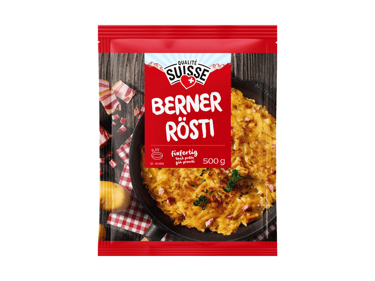 Paquet de rösti bernois avec du bacon, prêt en 12-15 minutes, 500g.