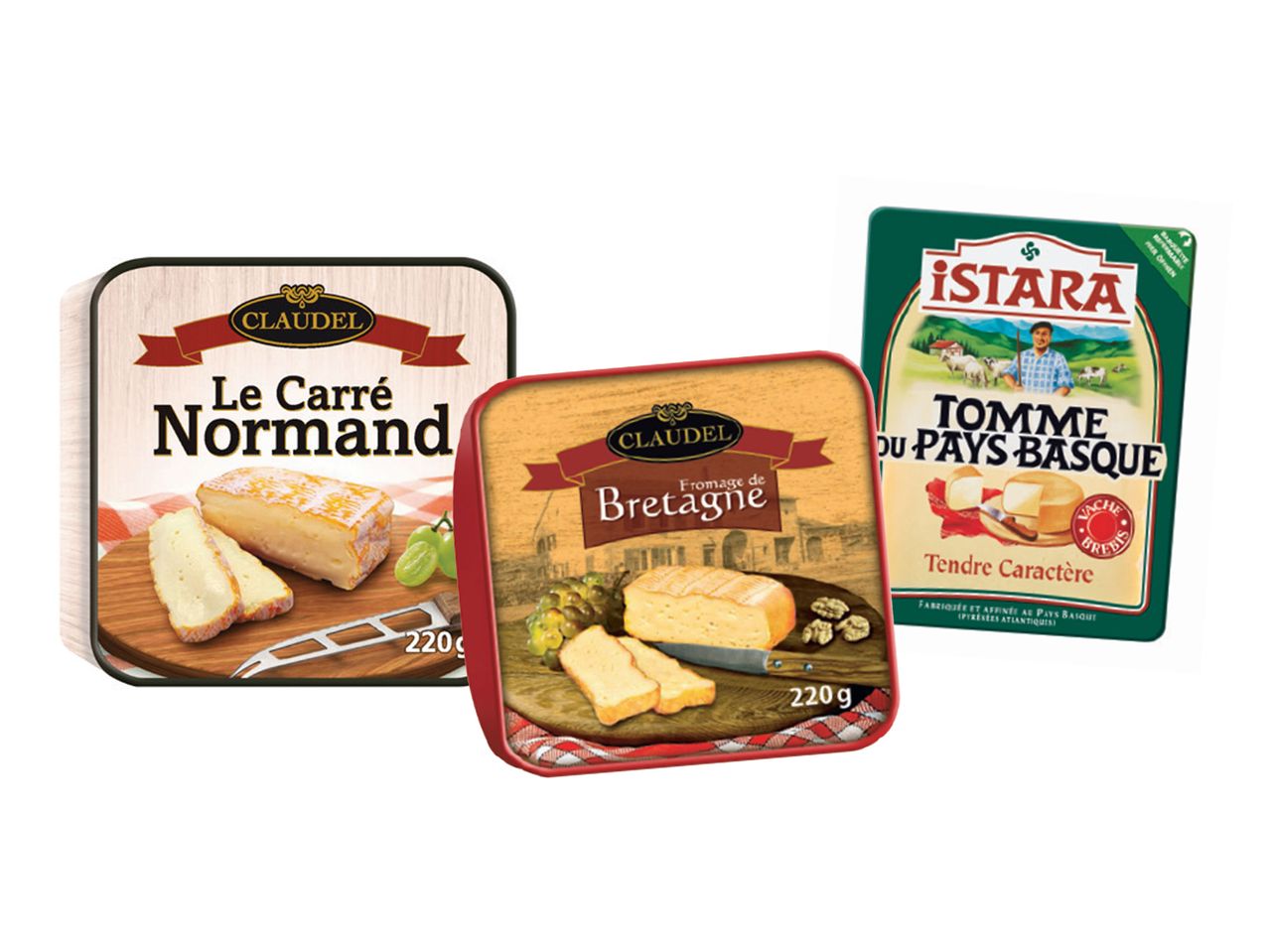 Tri vrste sireva: Le Carré Normand, Fromage de Bretagne i Tomme du Pays Basque.
