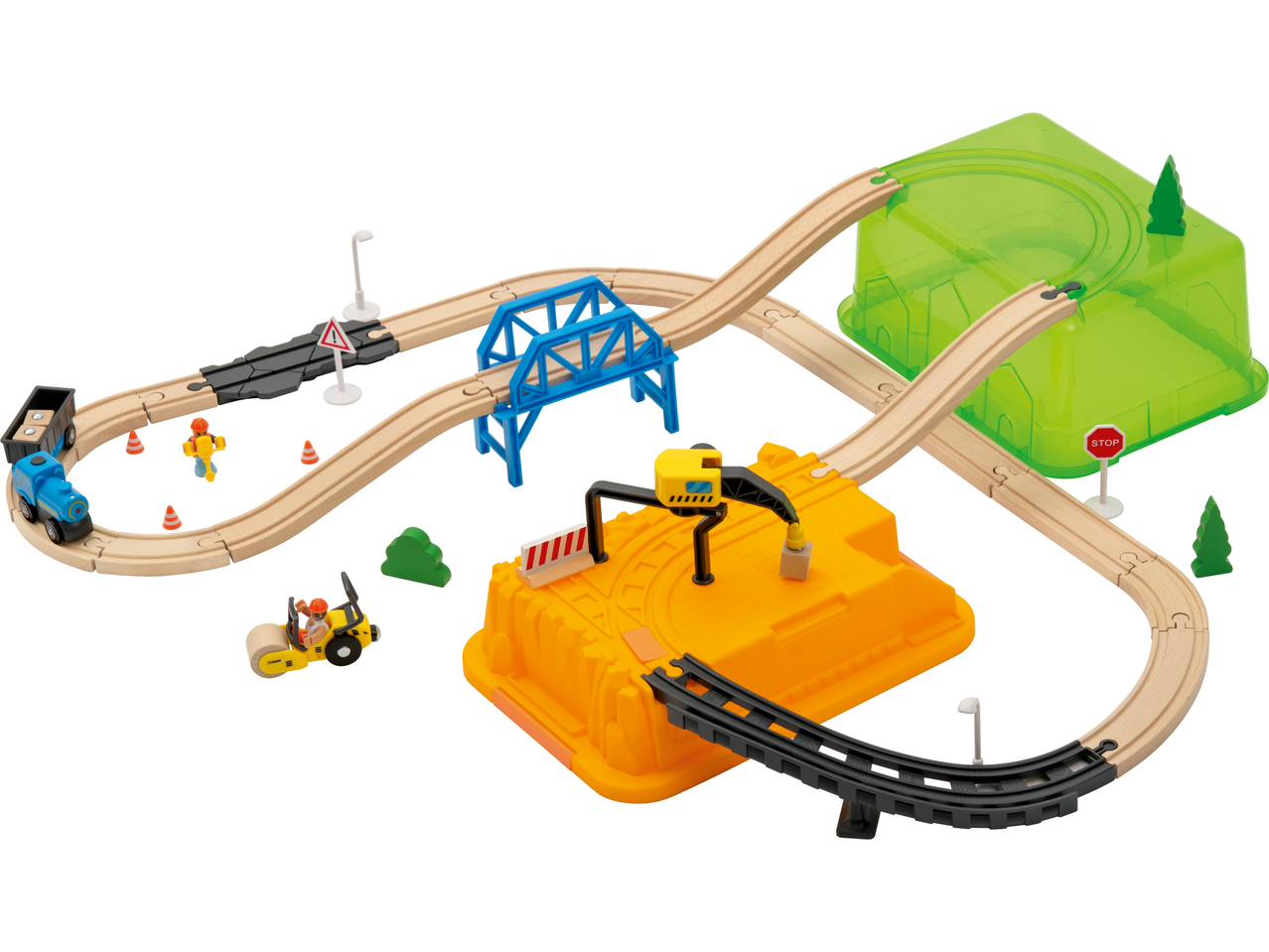 LUPILU® Togbanesæt L: Medinis traukinio rinkinys su traukiniu, tiltu, kranu ir statybine technika.