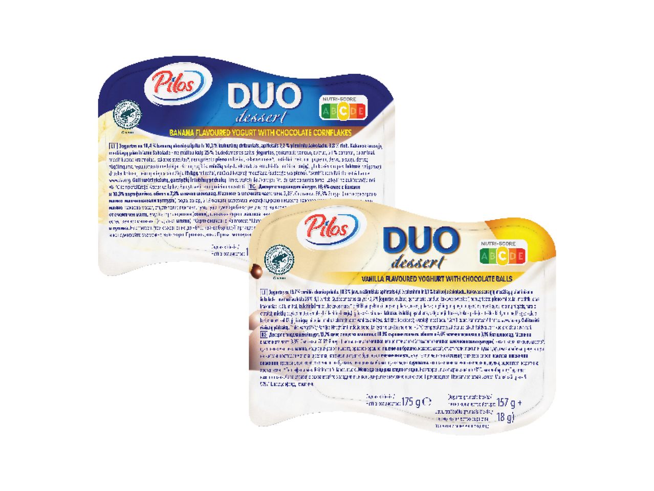 Pilos Duo jogurtai: bananų ir vaniliniai su šokolado dribsniais.