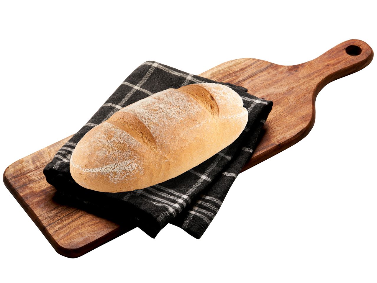 Bröd på en träbräda med en handduk.