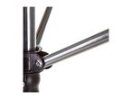 Close-up of a metal tripod leg connected to a black plastic joint.