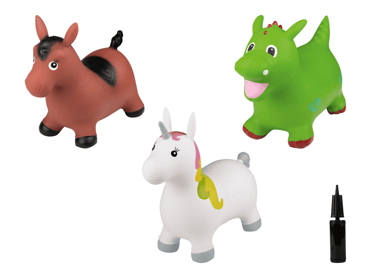 Ilmapallohevosia ja -hahmoja, mukaan lukien yksisarvinen ja dinosaurus.