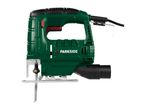 Green electric jigsaw with a saw blade and a black power cord