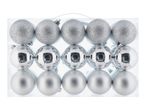 A clear plastic box containing 15 silver Christmas baubles in three different finishes.
