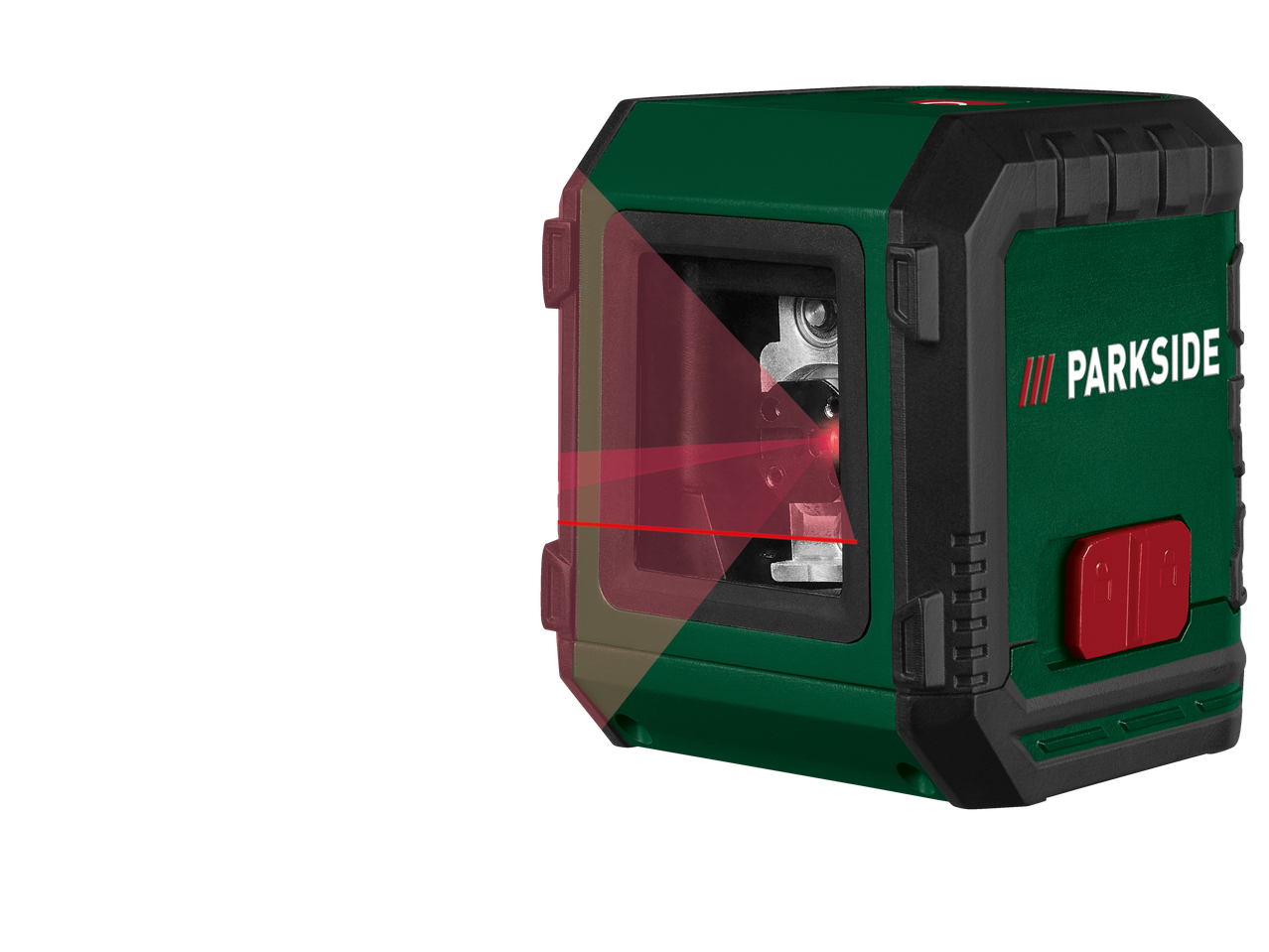 PARKSIDE zaļš un melns krustlīniju lāzera līmeņrādis ar redzamiem sarkaniem lāzera stariem.