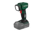 Cordless work light with a green and black body, red button, and a grey 2.0Ah battery.