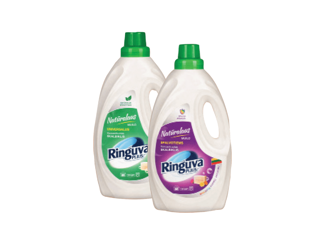 Du „Ringuvos 8 Plus“ skalbikliai: universalus (žalias) ir spalvotiems audiniams (violetinis).