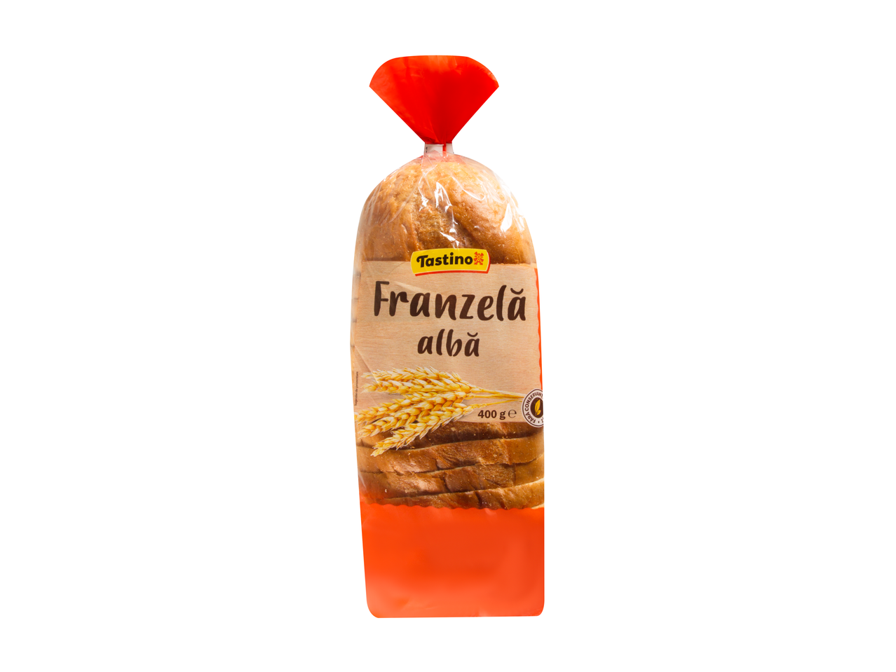 O pachet de 400g de pâine Tastino Franzelă albă este prezentat.