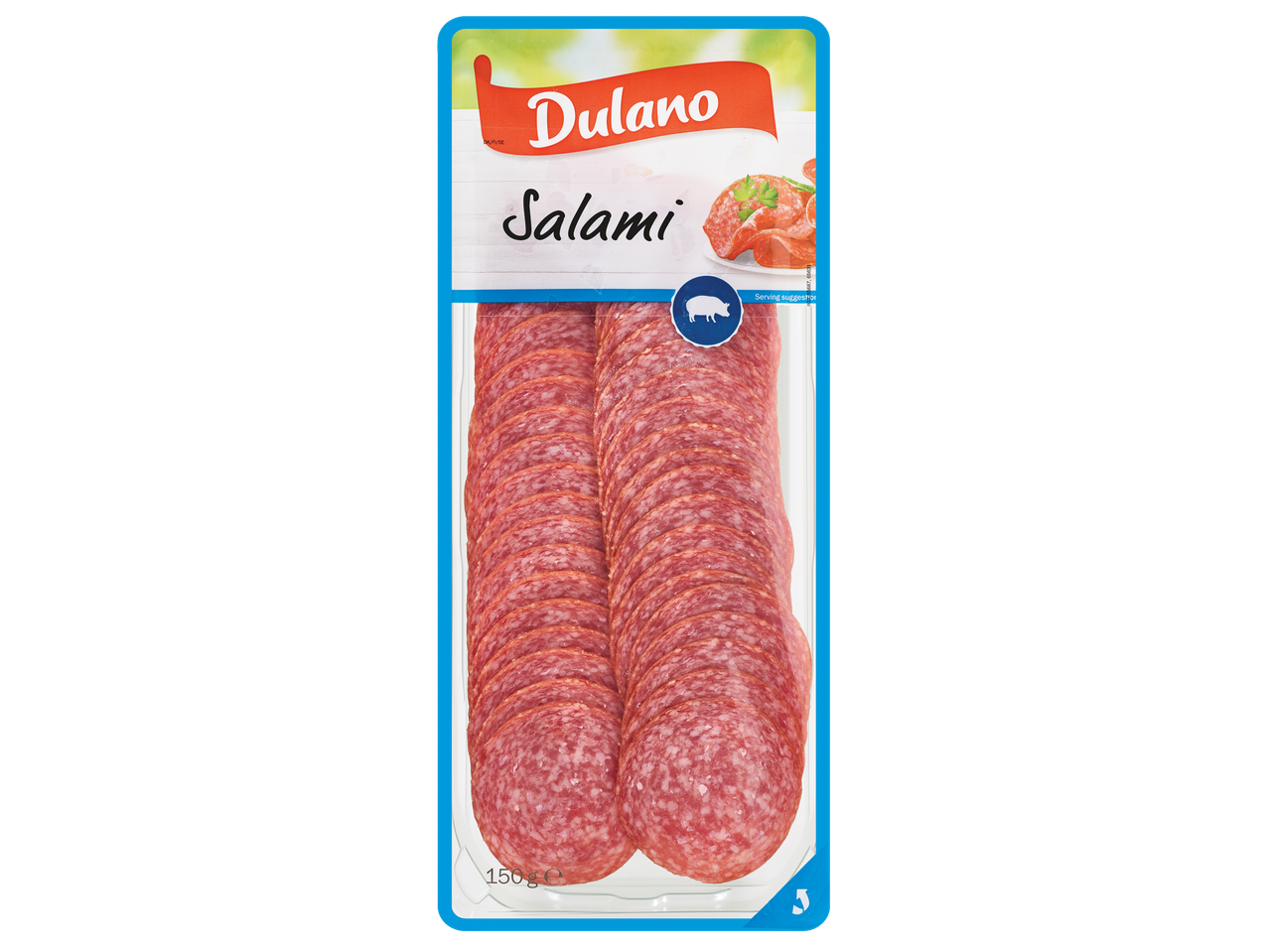 En pakke Dulano Salami, tyndt skåret og klar til at spise.