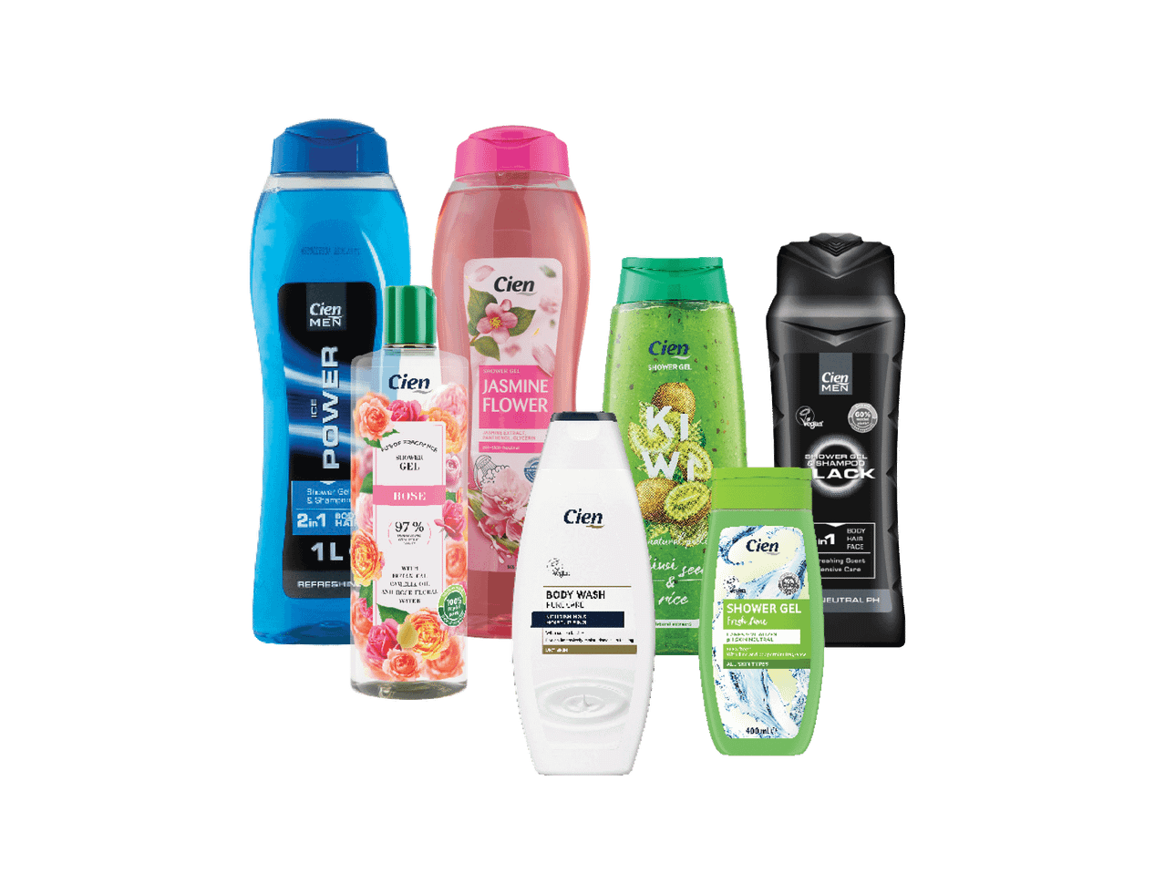 Įvairūs „Cien“ dušo želė ir kūno prausikliai, įskaitant vyriškus ir moteriškus kvapus.