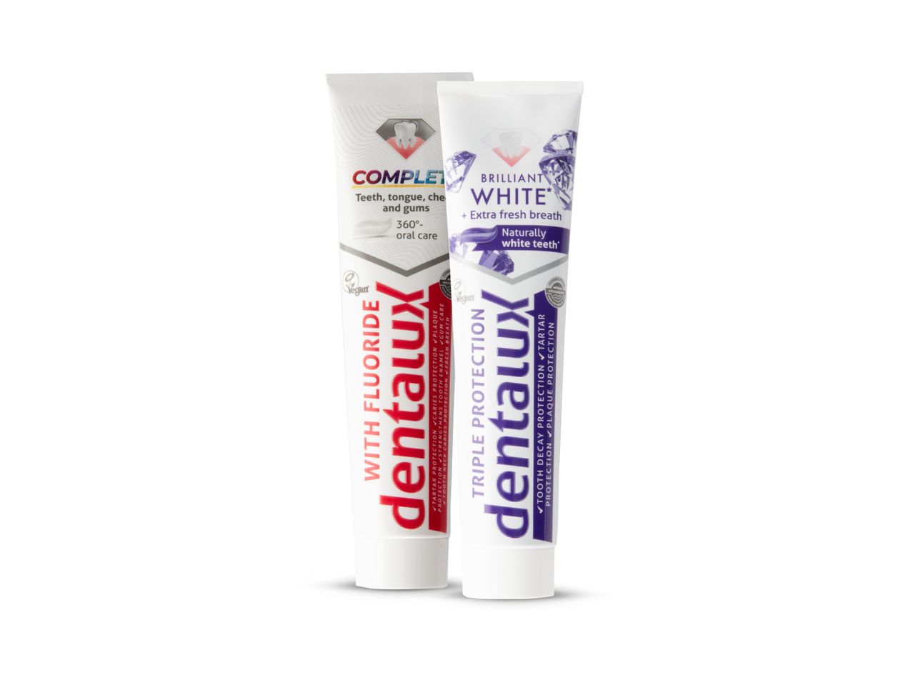 Dvije tube paste za zube Dentalux, jedna za potpunu njegu s fluoridom, a druga za blistavo bijele zube.