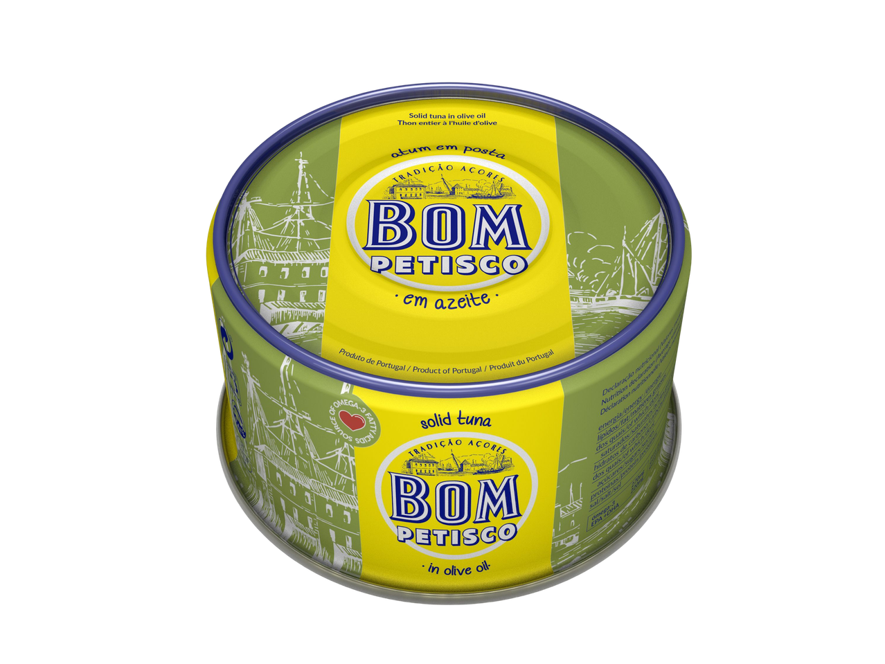 Lata de atum em azeite com rótulo verde e amarelo, com texto em português e inglês.