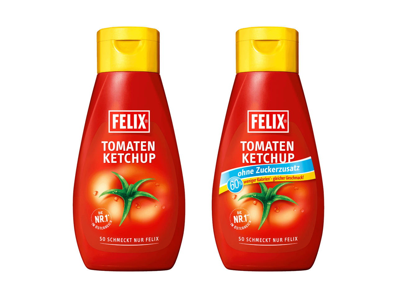 Zwei Flaschen Felix Tomatenketchup, eine mit und eine ohne Zuckerzusatz.