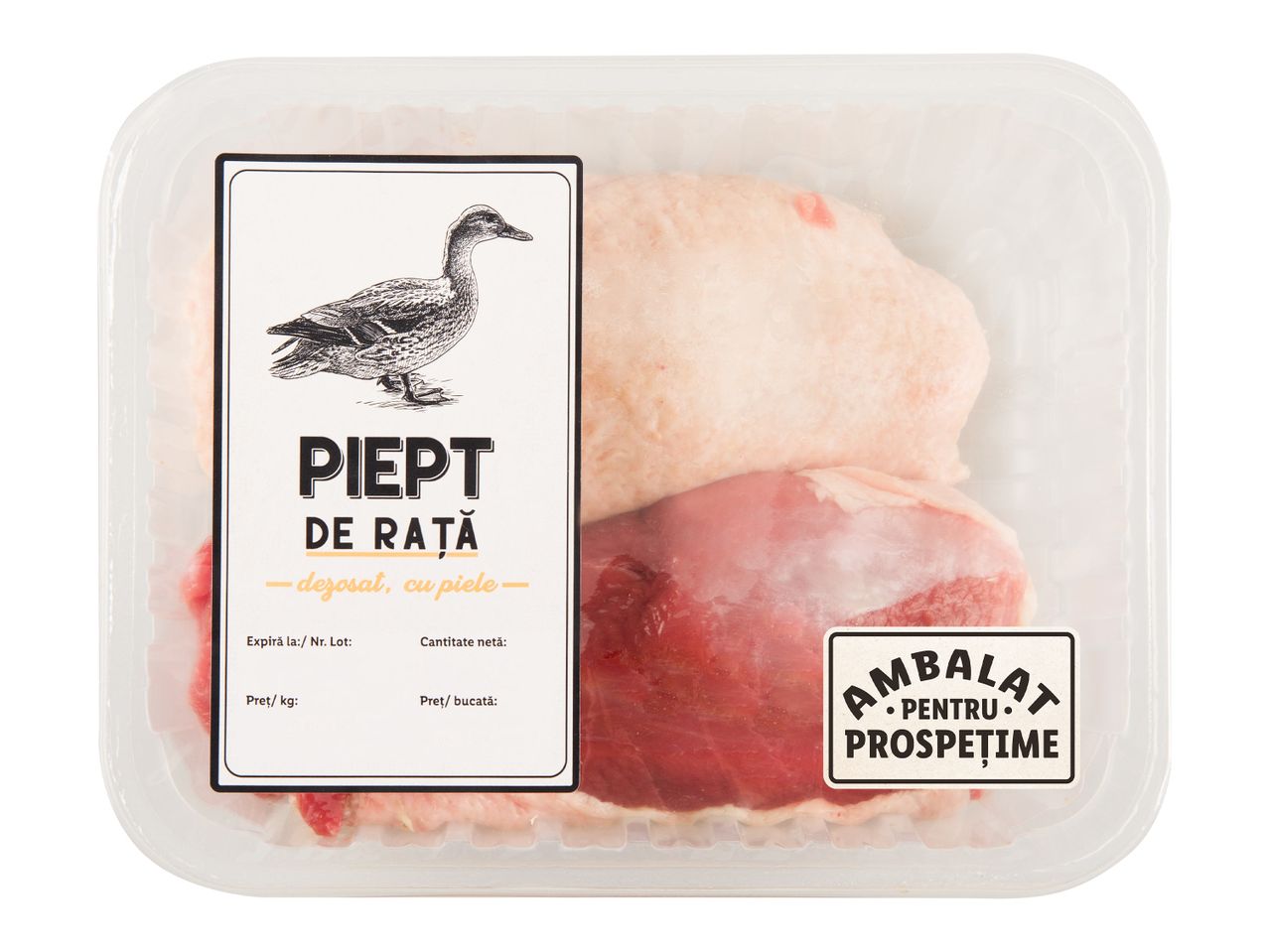 Pachet de piept de rață dezosat, cu piele, ambalat pentru prospețime.
