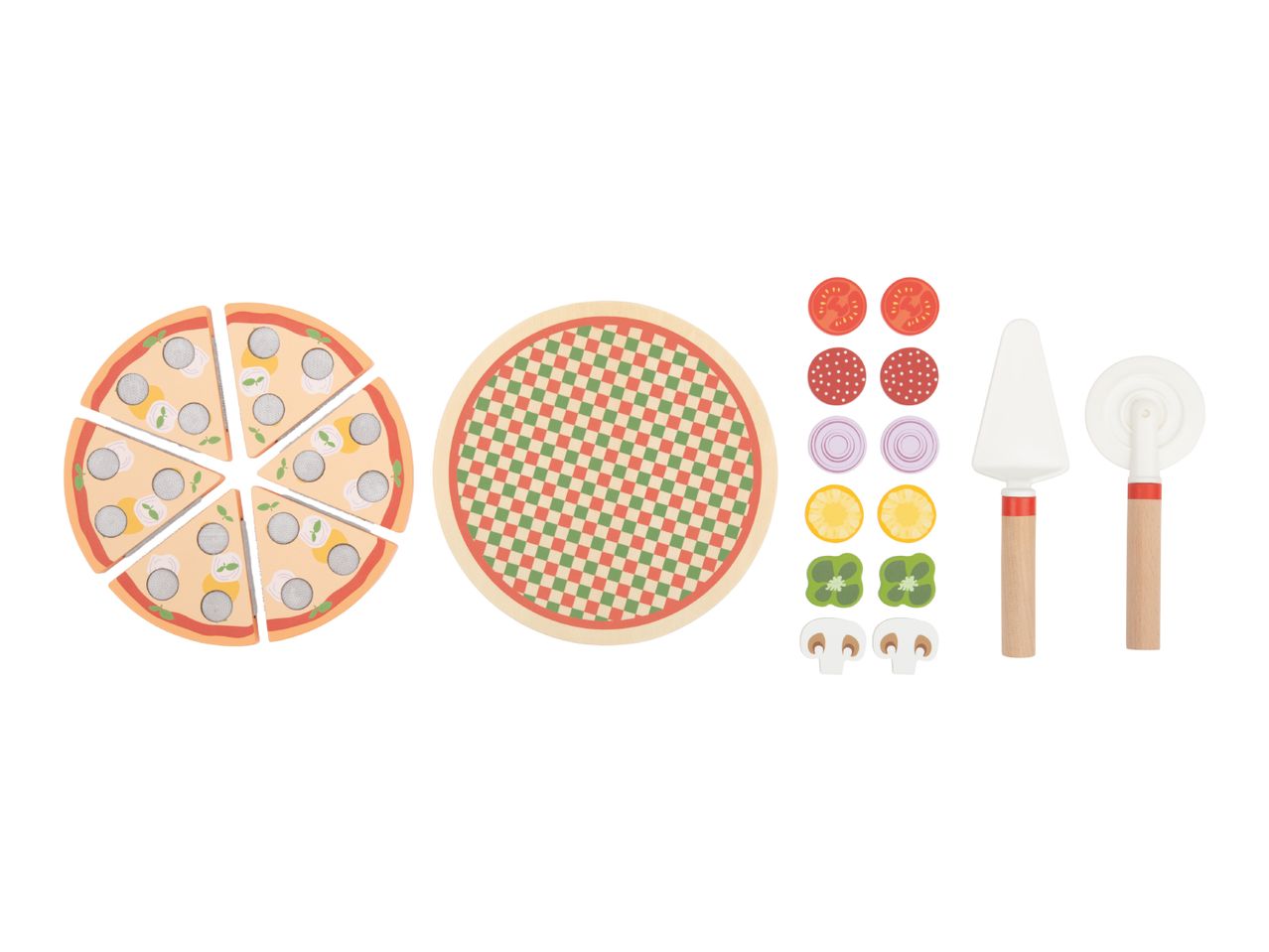 Wooden toy pizza set with slices, toppings, serving board, and utensils.