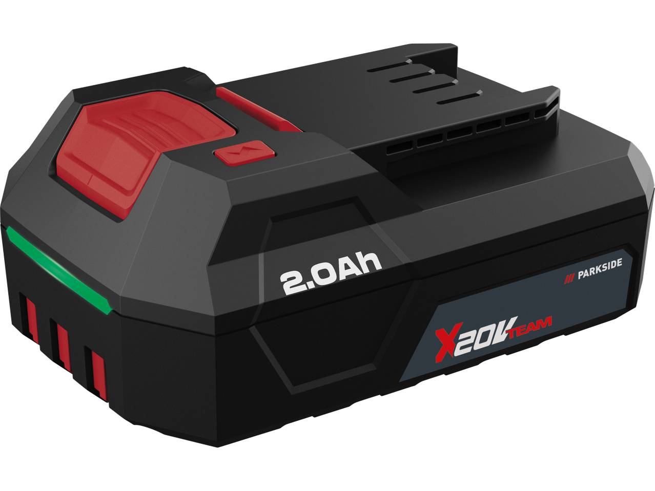 Parkside® 20 V, 2 Ah akumuliatorius PAP 202, juodas su raudonomis ir žaliomis detalėmis.