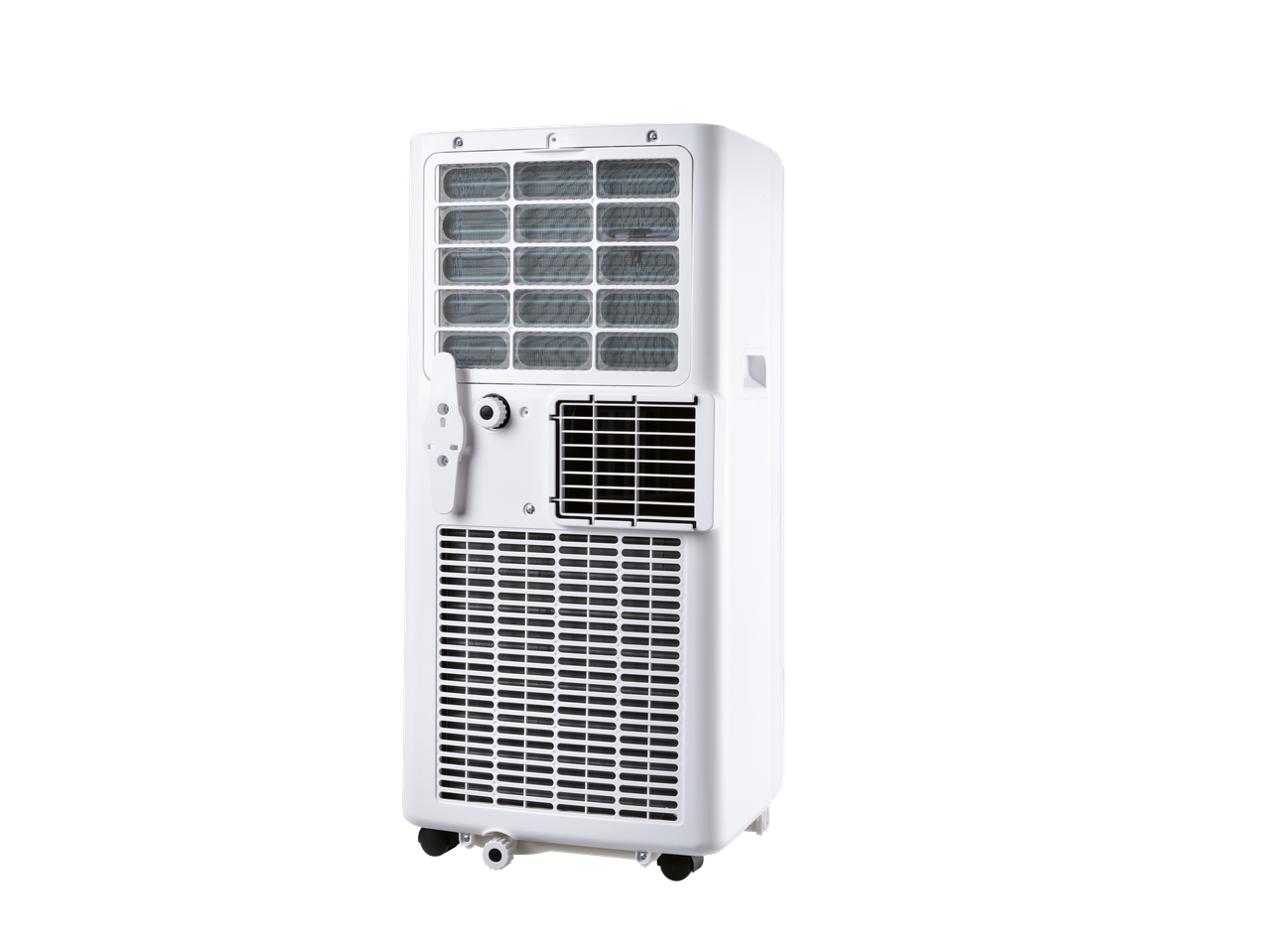Achterkant van een witte TRONIC mini tafelventilator met ventilatieopeningen en wielen.