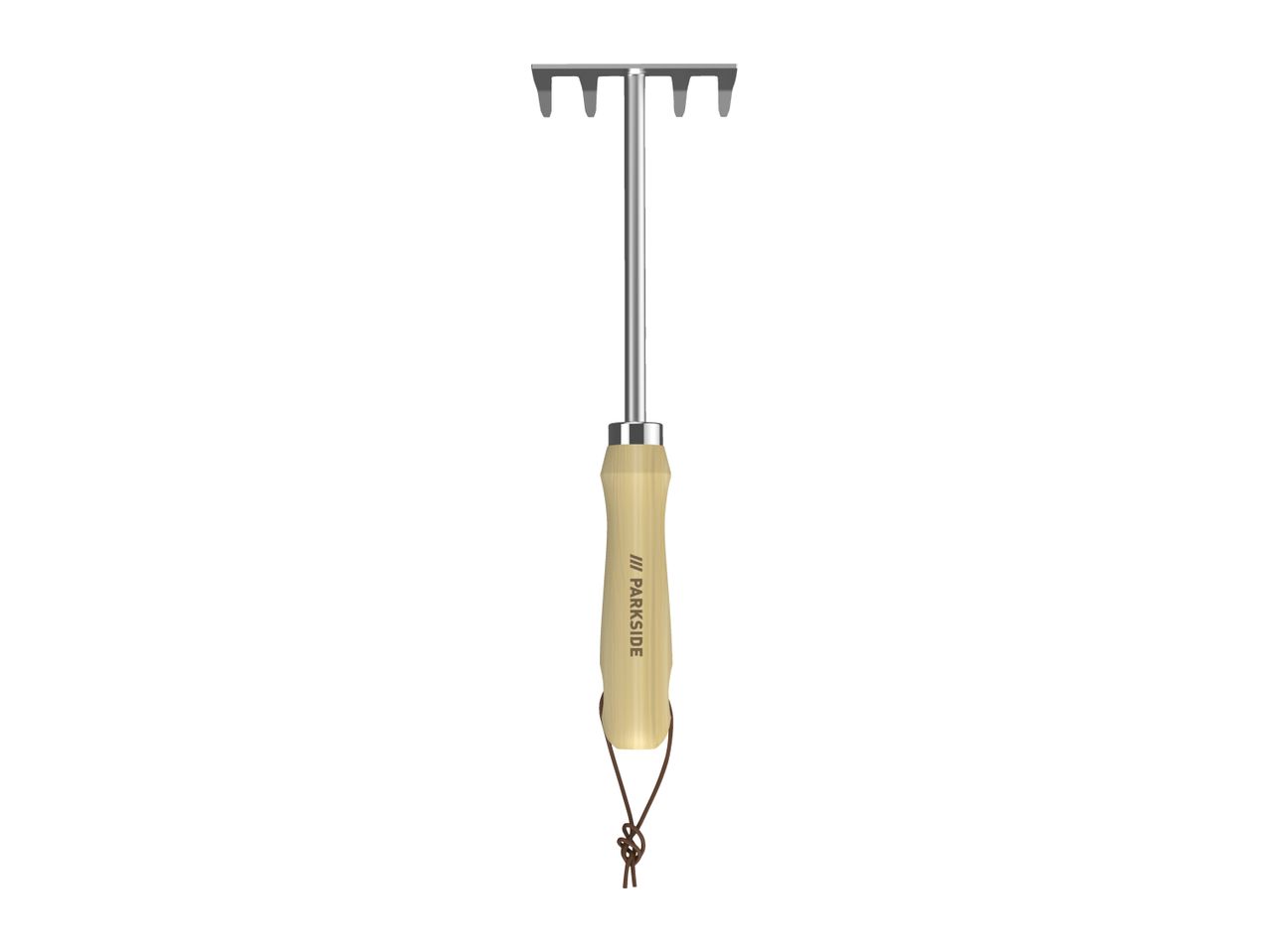 Small hand rake with a wooden handle and metal tines.