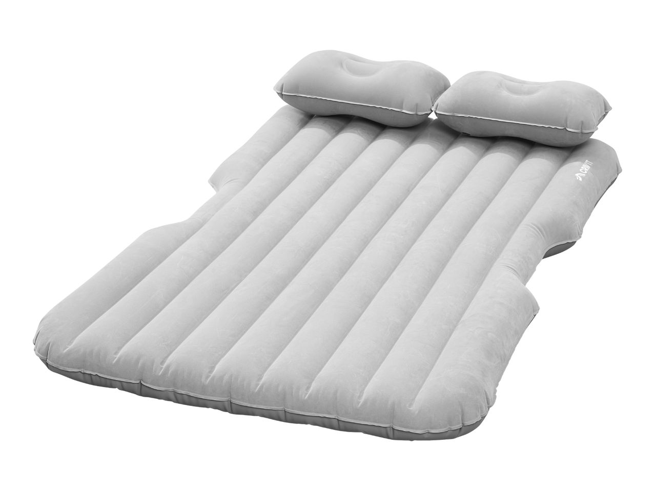Grey inflatable car air mattress with two pillows, designed for car back seats.