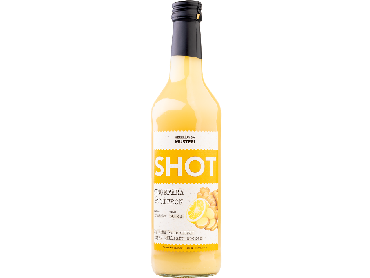 Herrljunga Musteri's SHOT ingefära & citron dryck i en flaska.