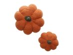 Two orange pumpkin-shaped pillows with green stems.