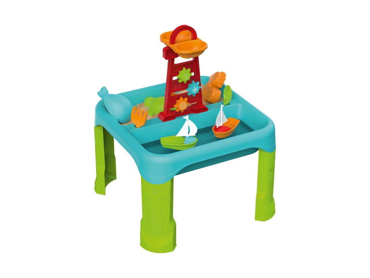 Children's sand and water play table with toys like boats, sand molds, and a water wheel.