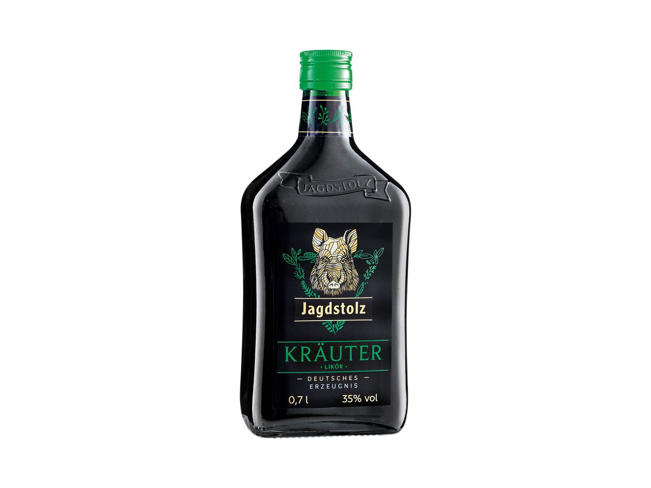 A bottle of Jagdstolz Kräuter liqueur with a wild boar logo on a black background.