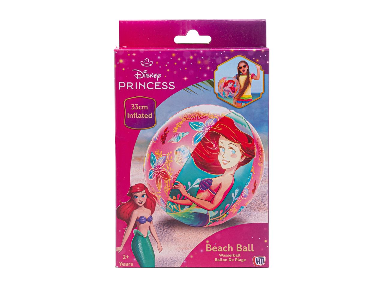Ariel beach ball in packaging, 33cm inflated, for ages 2+.