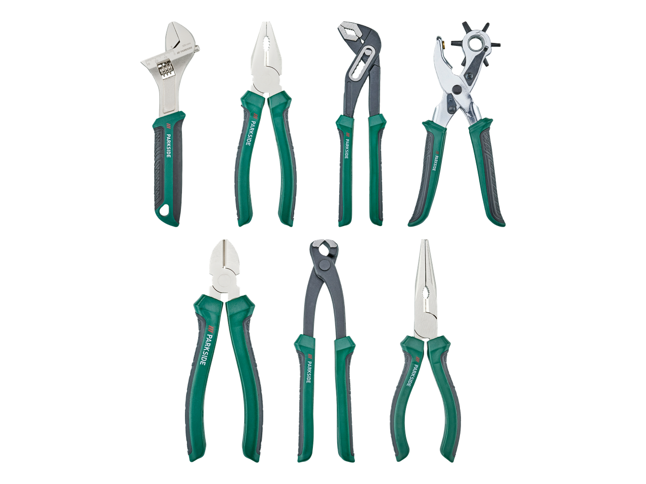 Set ručnog alata s podesivim ključem, kliještima i bušilicom za rupe.