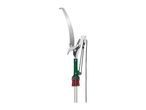 A pole saw and pruner attachment with a green handle and red locking mechanism.