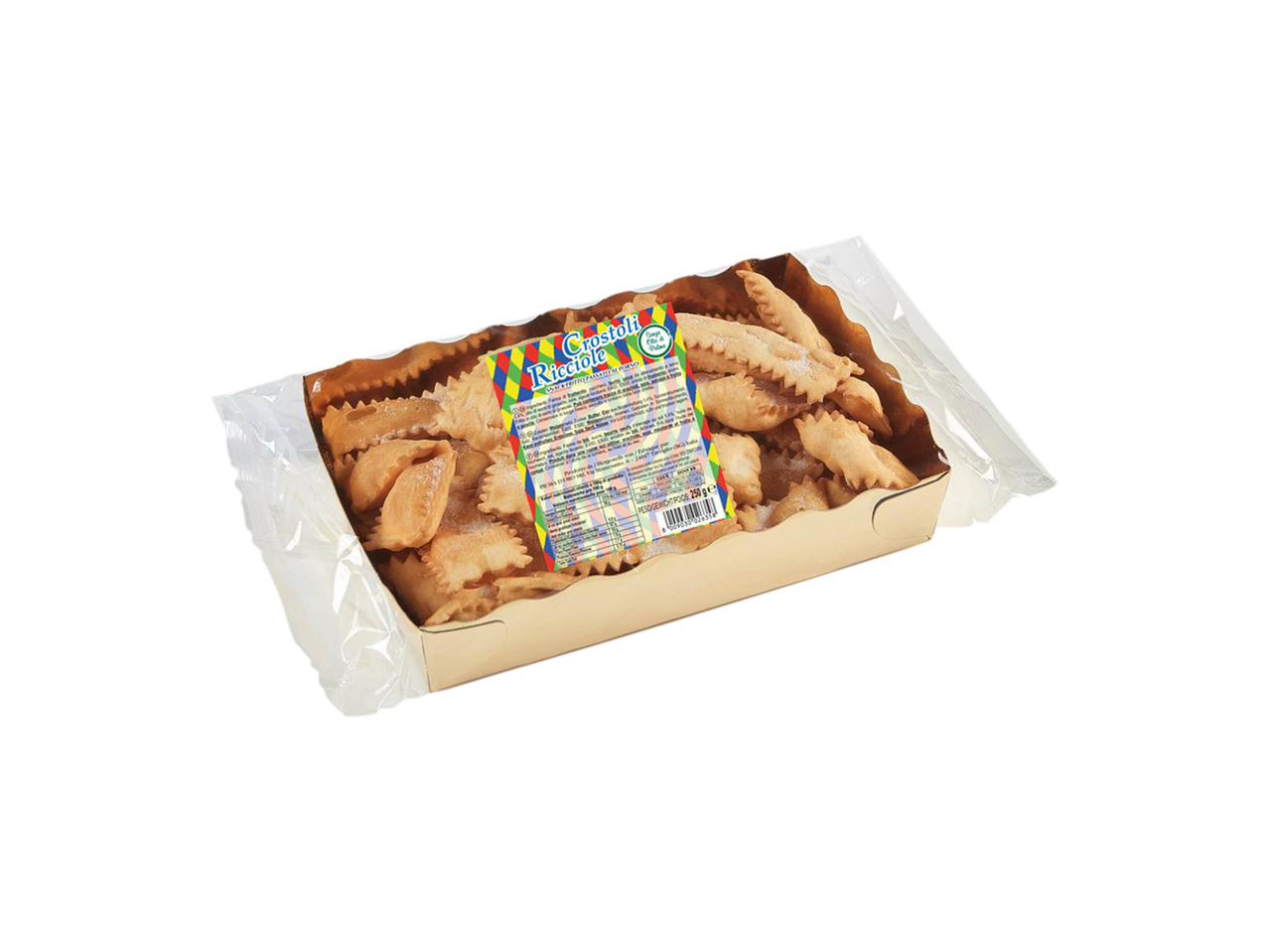 Crostoli Ricciole, a traditional Italian fried pastry, in a clear plastic package.