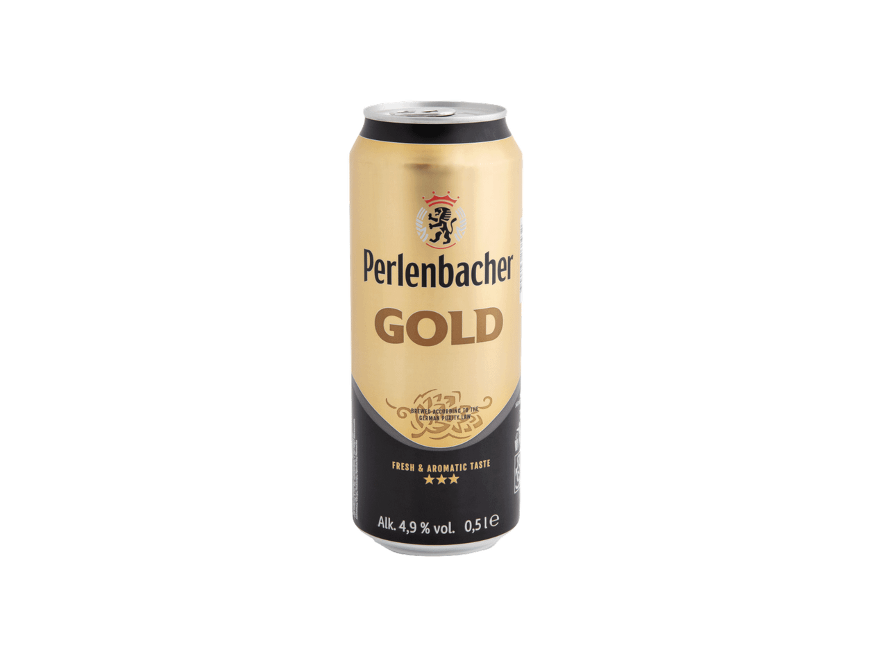 Zlatna limenka piva sa natpisom „GOLD“ i „FRESH & AROMATIC TASTE“.
