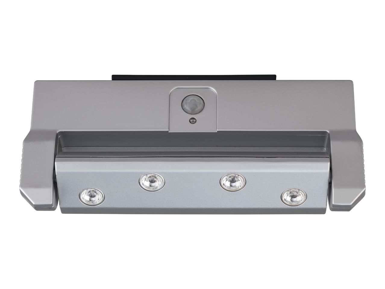 Silver under-cabinet light with four LED spotlights and a motion sensor.