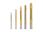 Set of five golden step drill bits of varying sizes, with HSS markings on the shanks.