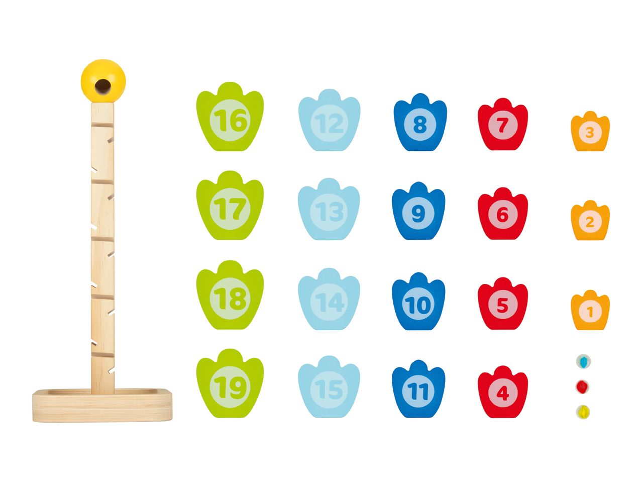 Wooden counting toy with numbered pieces in various colors and a vertical stand.