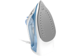 White and blue steam iron with a gray soleplate and visible water tank.