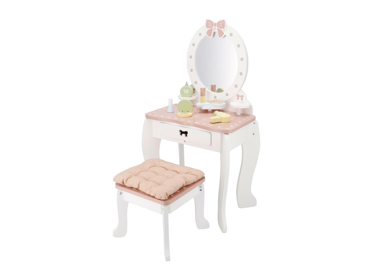 White and pink wooden toy vanity table with mirror, stool, and play accessories.
