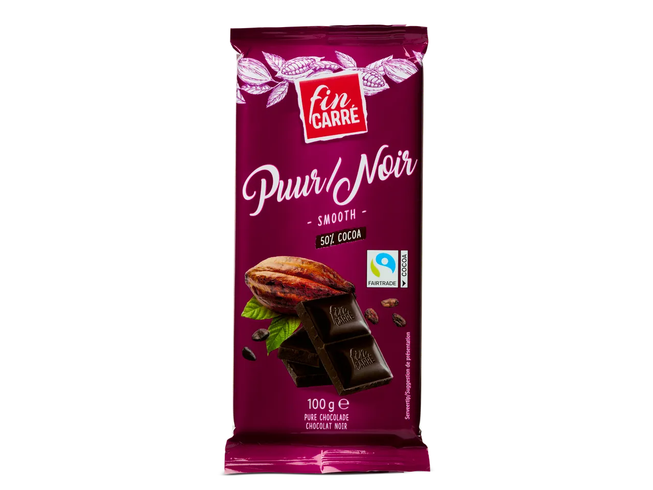 Fin Carré Pure/Noir 50% cacao chocoladereep, 100g.