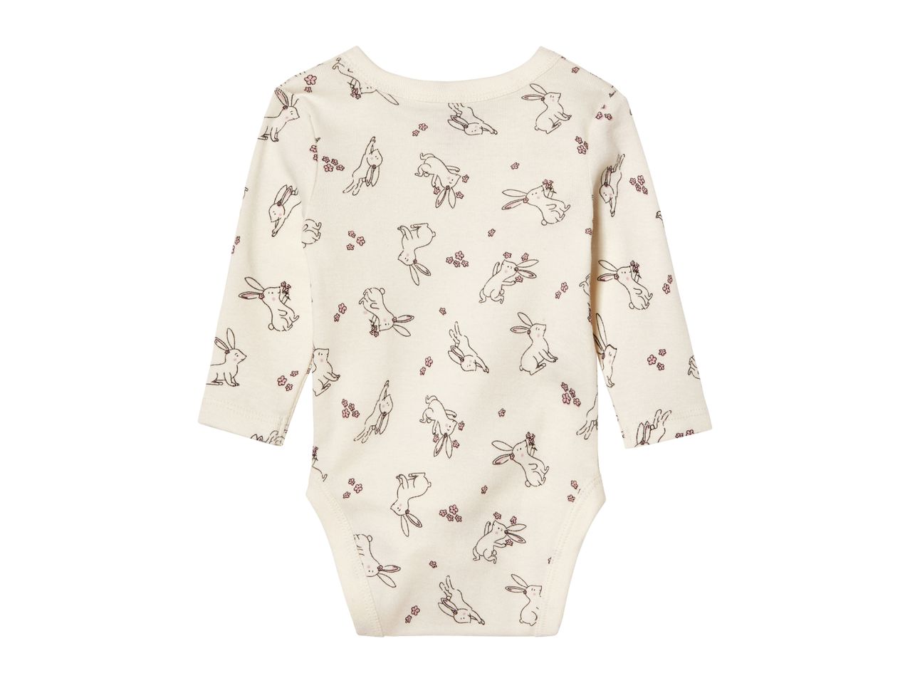 Cream-colored baby bodysuit with a pattern of bunnies and pink flowers.