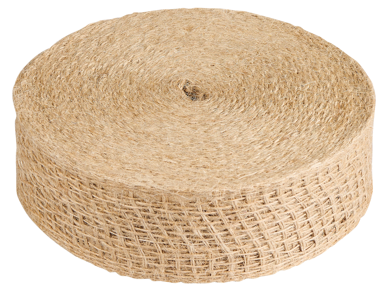 Tekercselt juta szövet, barna színben, fekete háttér előtt.