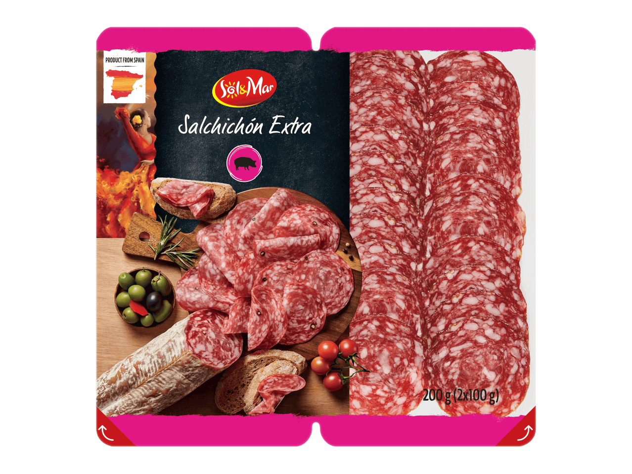Pakkaus espanjalaista salchichón-makkaraa, jossa on viipaleita ja kokonainen makkara, oliiveja ja tomaatteja.