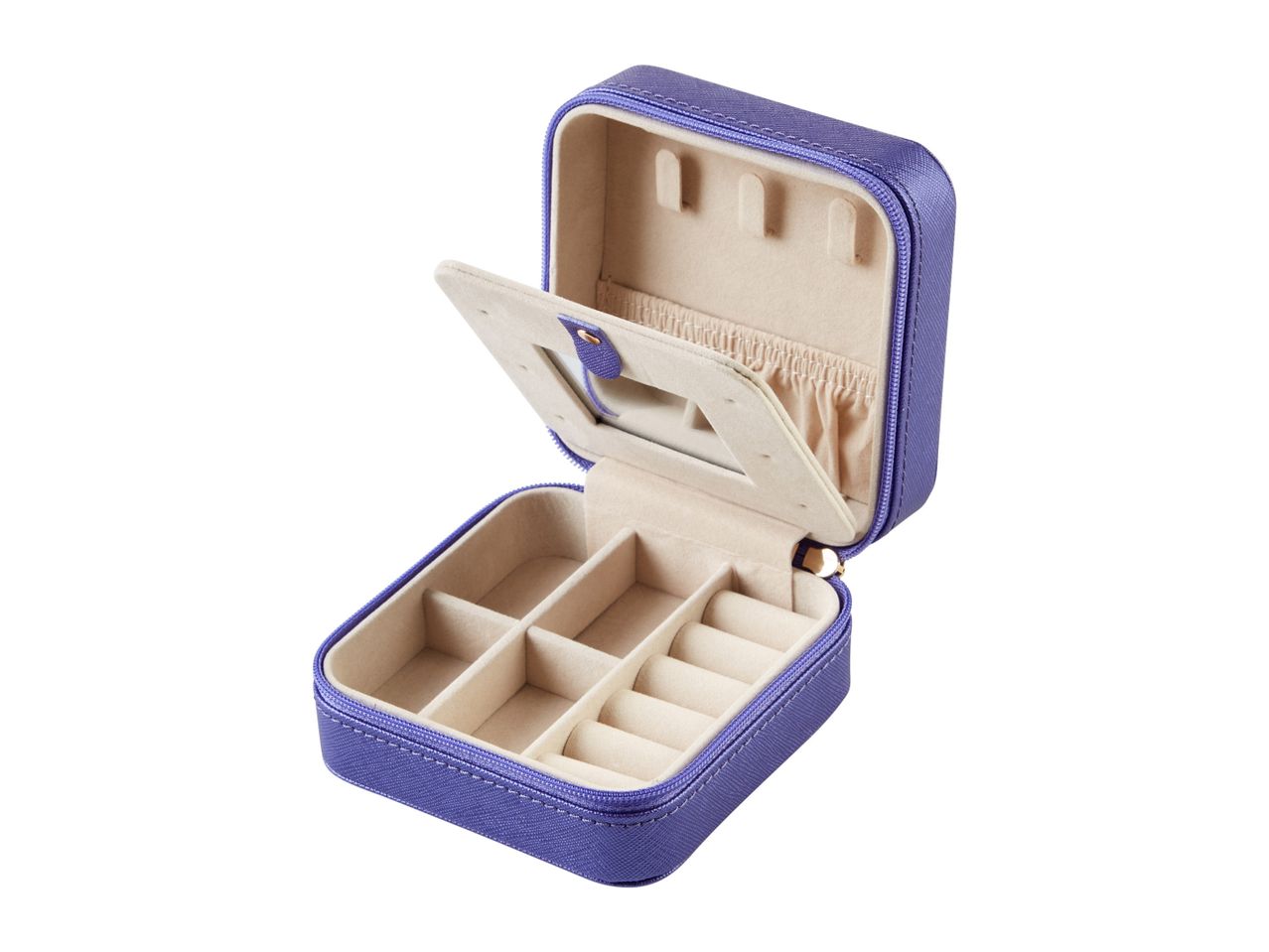A purple square jewelry box with compartments for earrings and other small accessories.