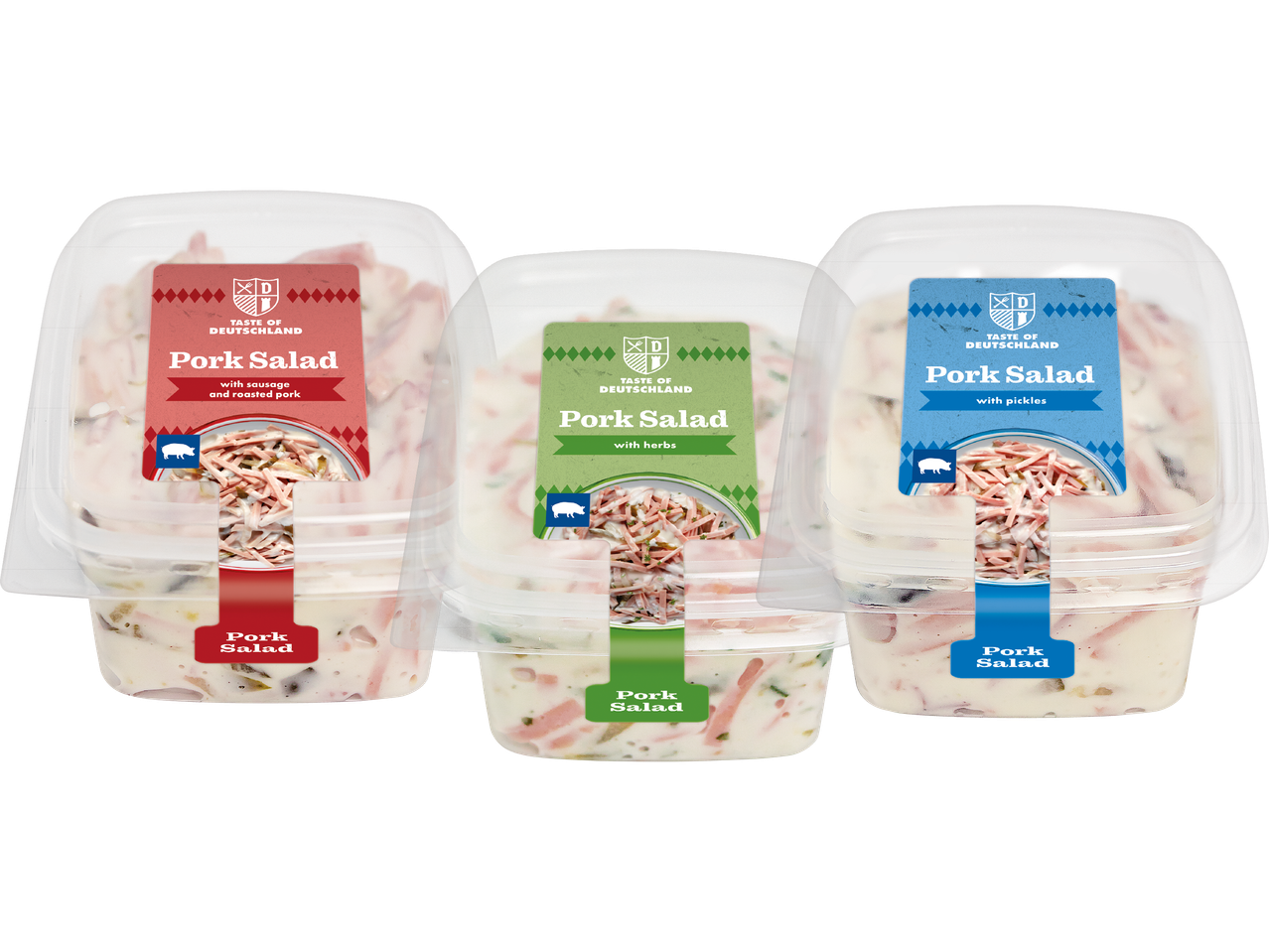 Tre förpackningar med fläsksallad i olika smaker: med korv och rostat fläsk, med örter och med inlagd gurka.