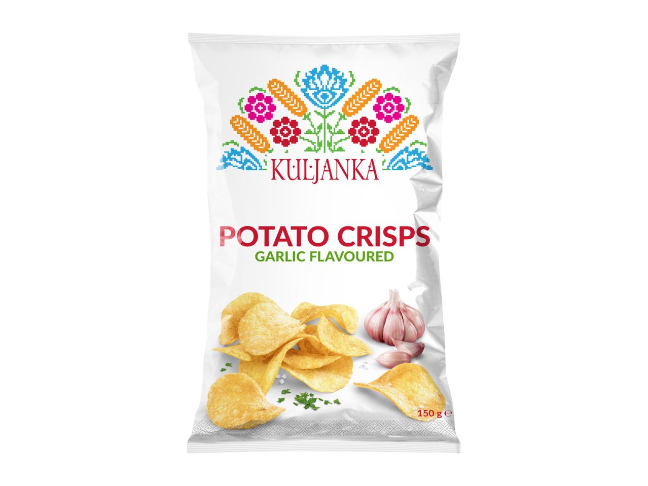 White potato crisps bag, garlic flavoured, with folk art design and 150g weight.