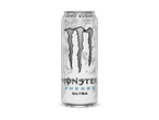 Een witte energiedrank met 'ZERO SUGAR' en 'ULTRA' op een zwarte achtergrond.