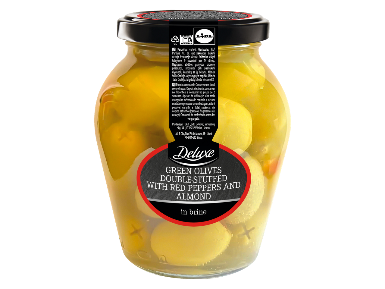 Deluxe žalios alyvuogės, įdarytos raudonais pipirais ir migdolais, sūryje.