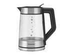 Glass kettle with stainless steel accents and a black handle, showing water level markings.