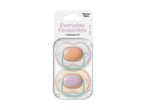 Two pacifiers in a clear plastic package, one peach and one lavender, for 6-18 months.