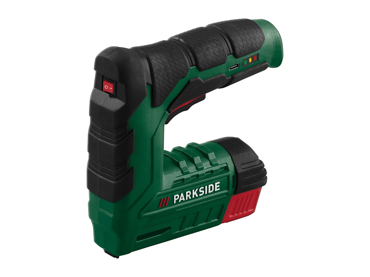 A green and black electric stapler with a red power switch and battery indicator lights.